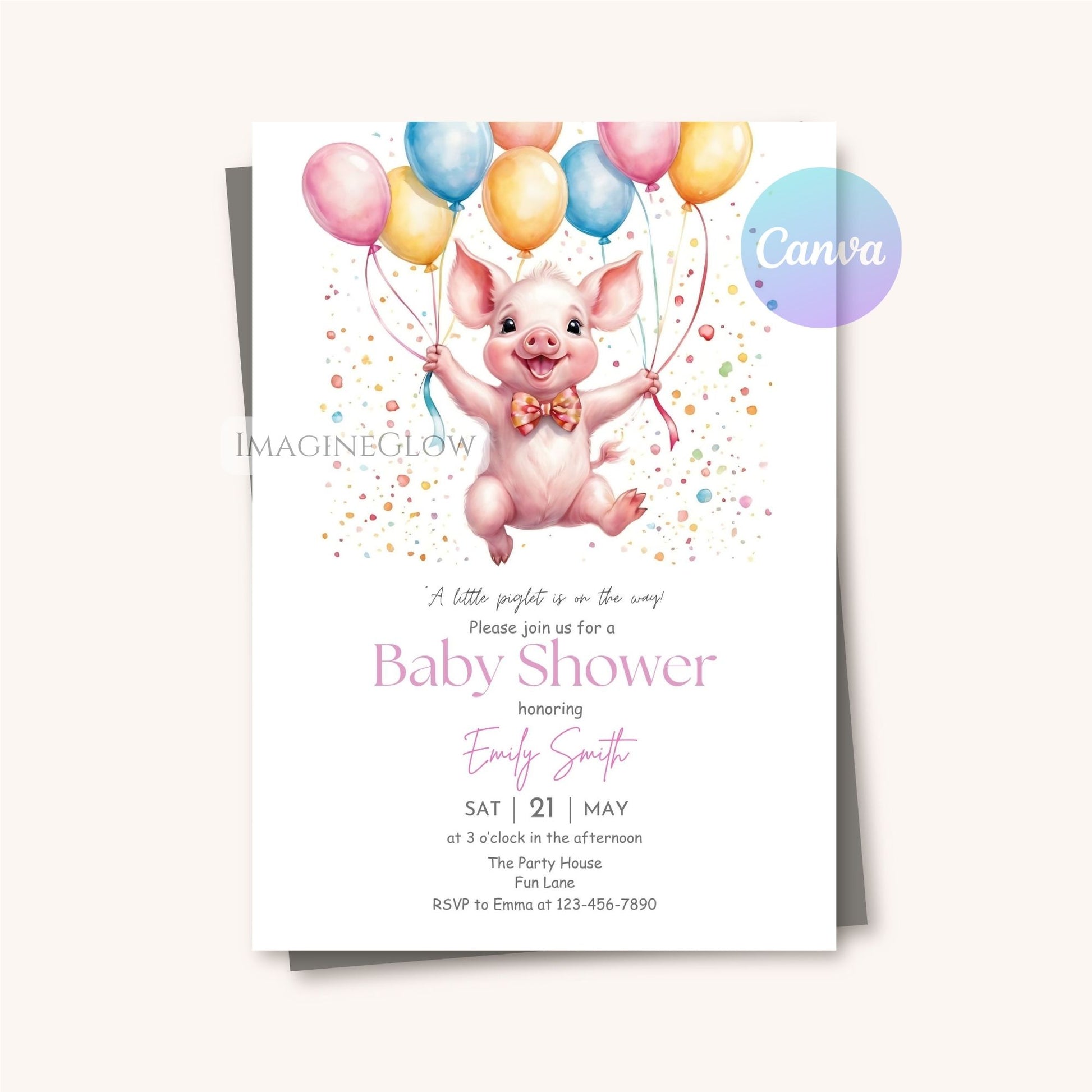 Editable pig baby shower invitation template for a fun celebration