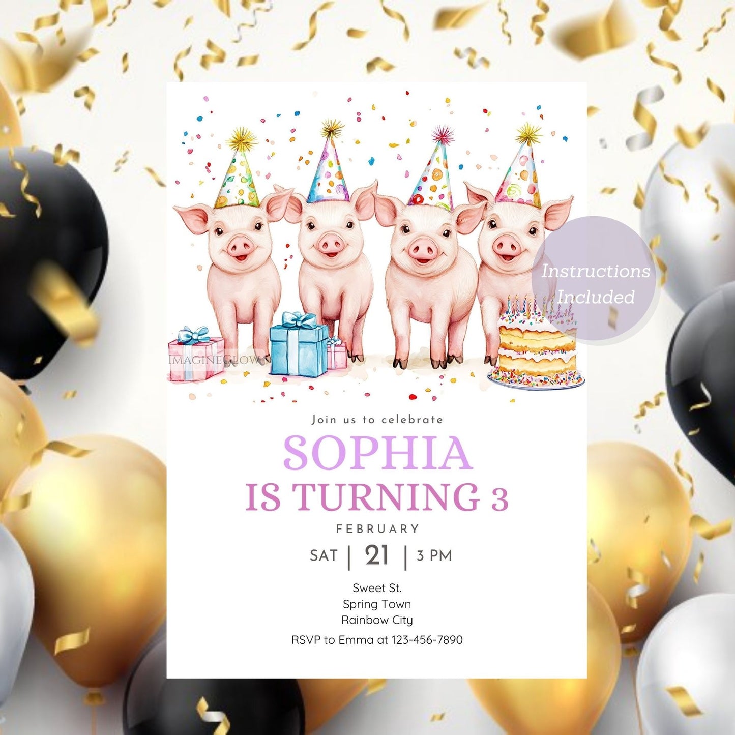 Editable piglet party invitation with birthday cake