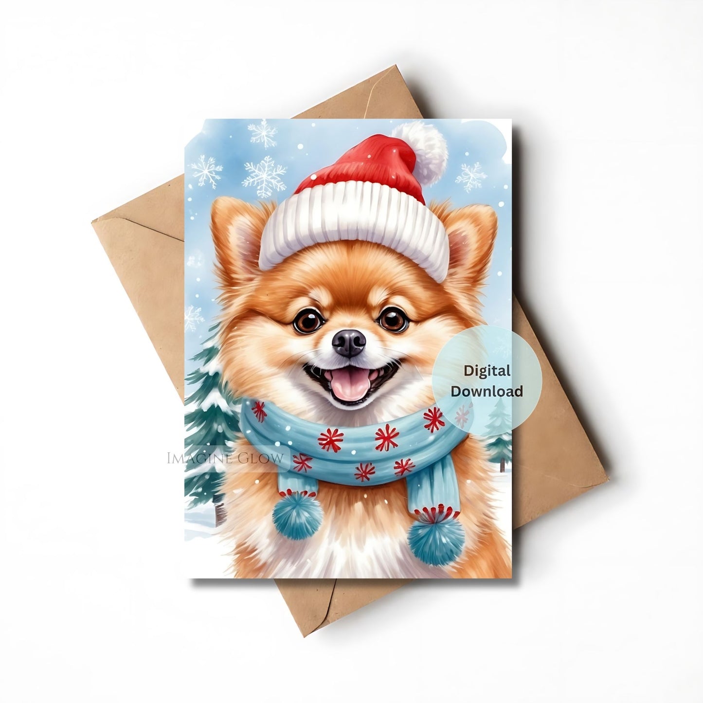 Christmas-themed card with a dog wearing a Santa hat and scarf, next to an envelope.
