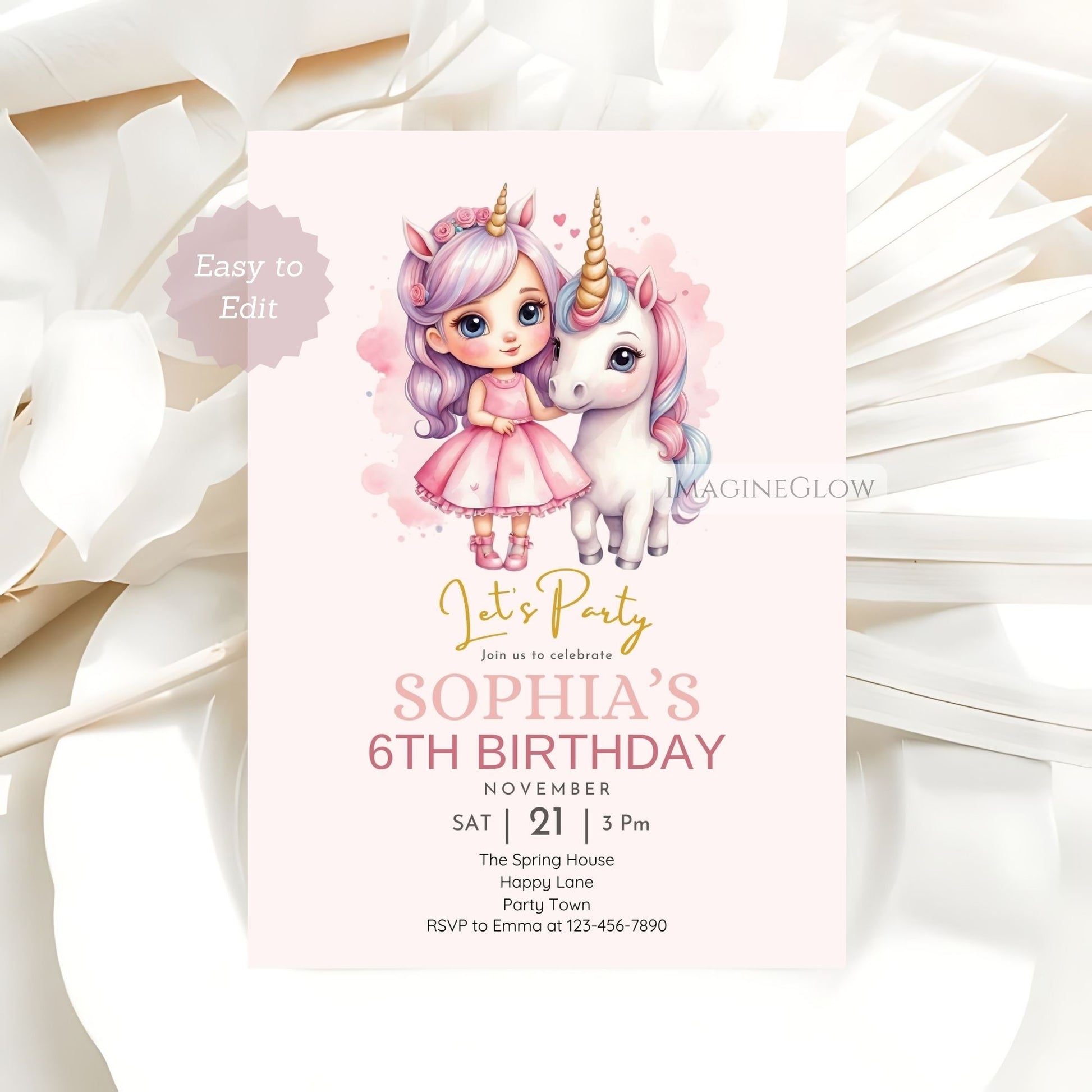 Fairy tale unicorn birthday party invite
Cute unicorn birthday invite for kids