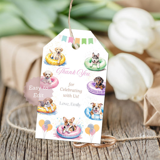 Gift tag with illustrations of puppies on inflatable rings and balloons, on a write background.