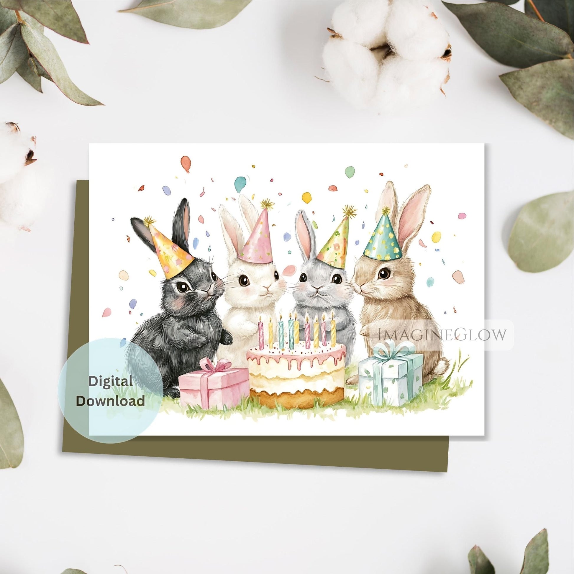 Birthday card with rabbits and a cake on a white background