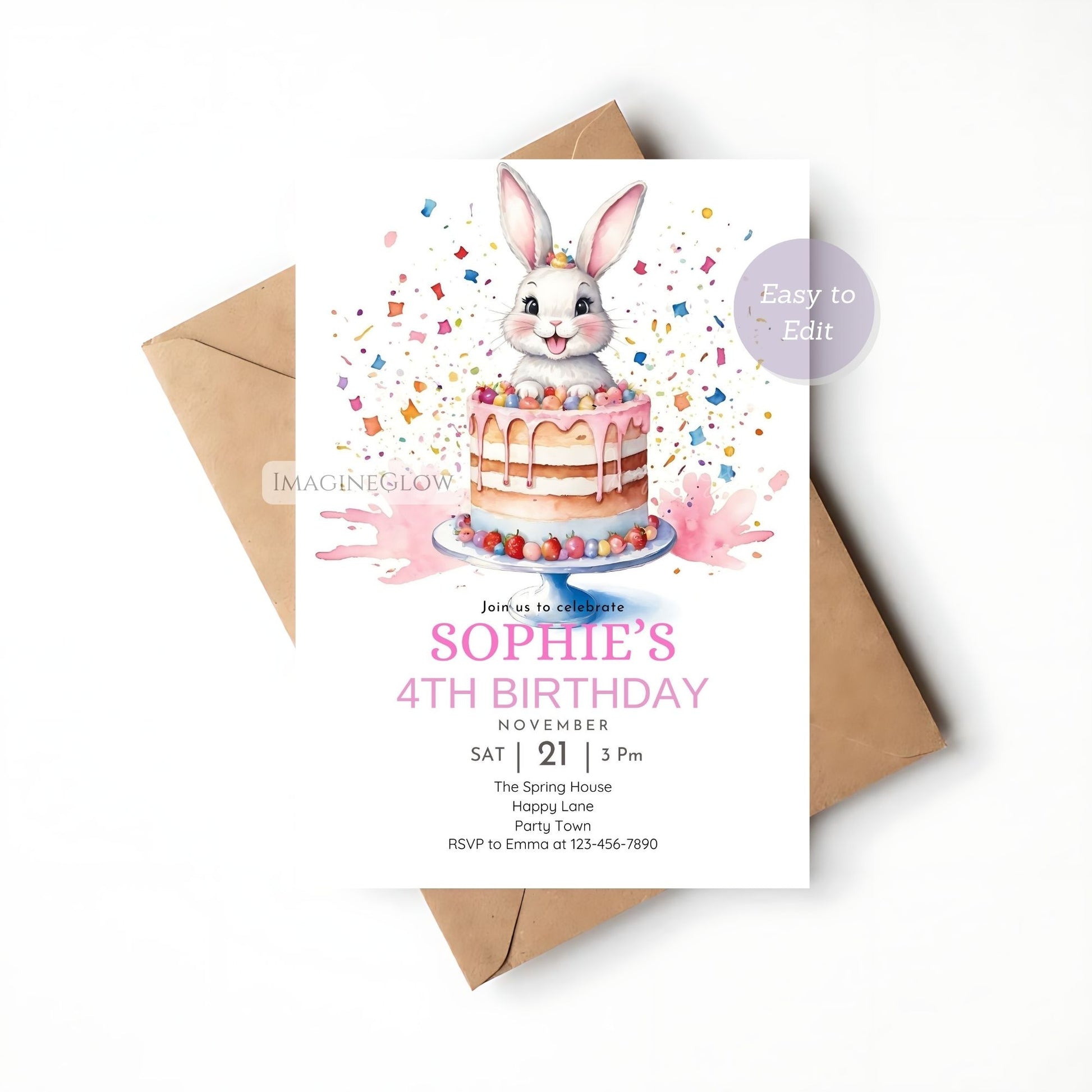 Bunny and birthday cake invitation with pastel colors.