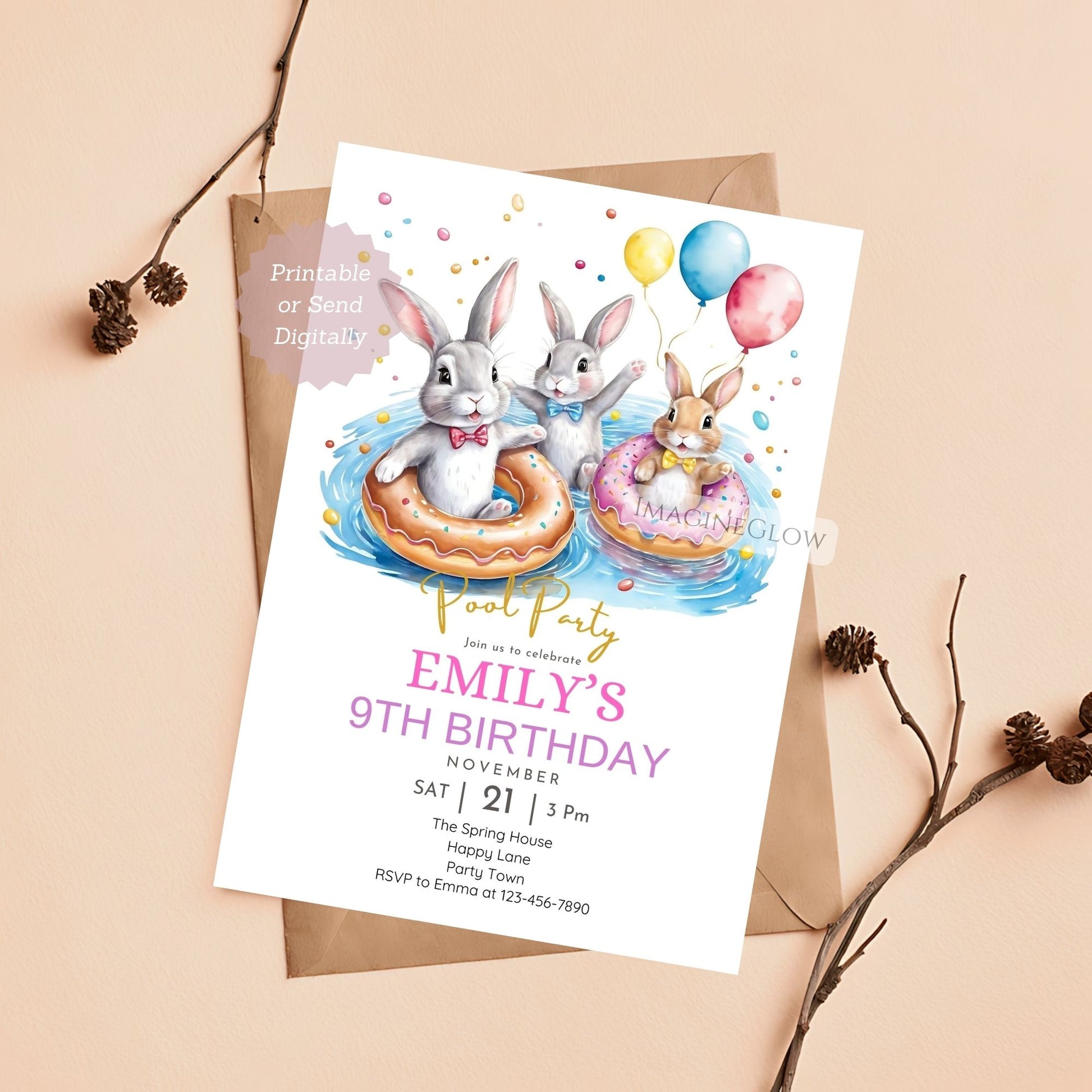Editable rabbit pool party invitation