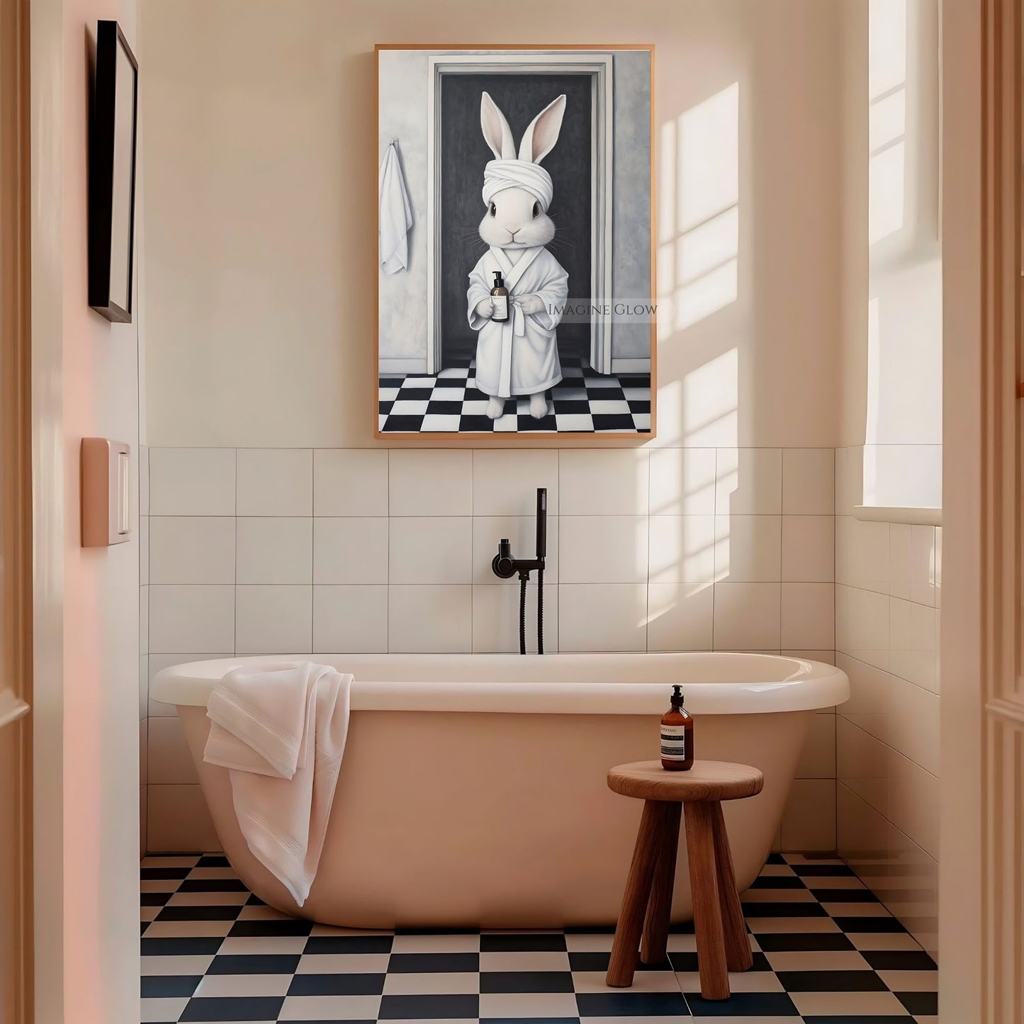 Kid-friendly bunny in bathrobe holding soap bottle art