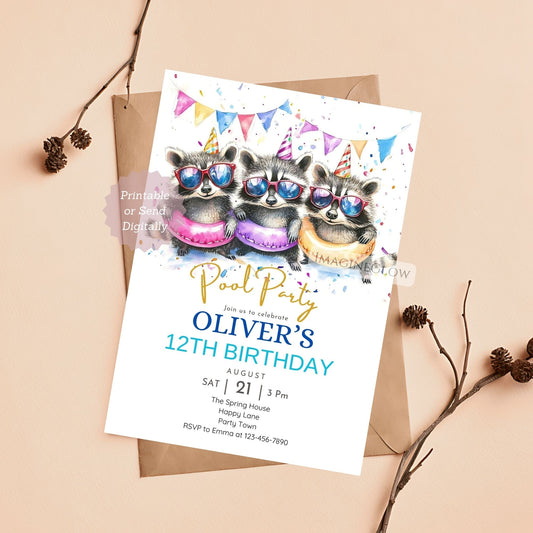 Raccoon Pool Party Birthday Invitation with a summer theme.