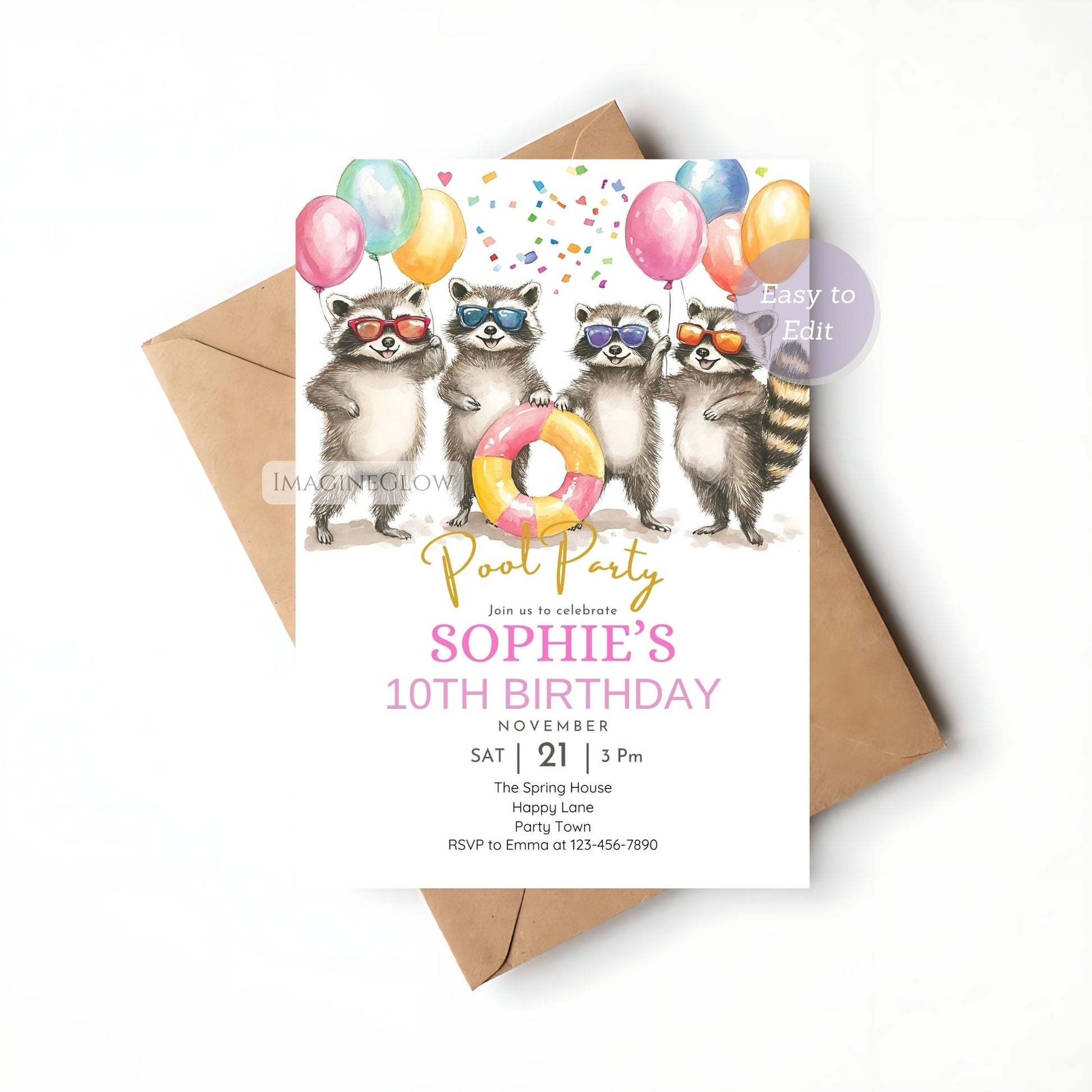 Cute raccoons floating in a pool on a birthday invitation.