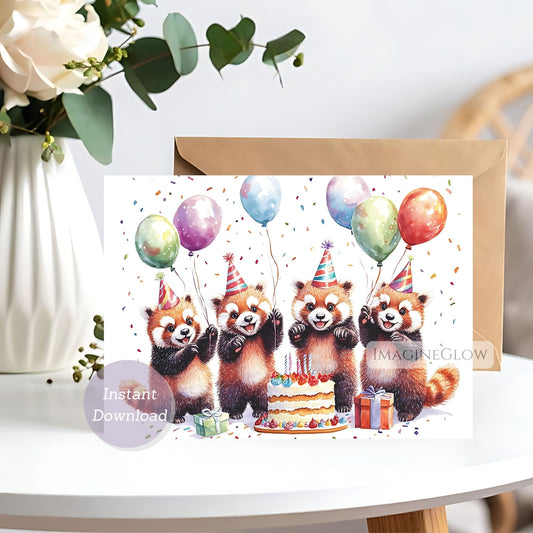 Birthday card with red pandas holding balloons and a cake