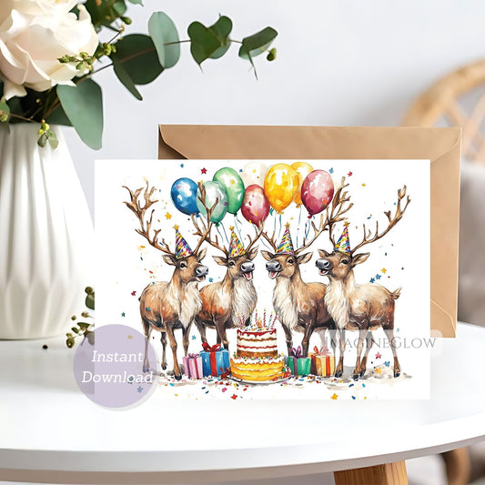 Greeting card with four deers celebrating a birthday, surrounded by balloons and a cake, on a white surface.