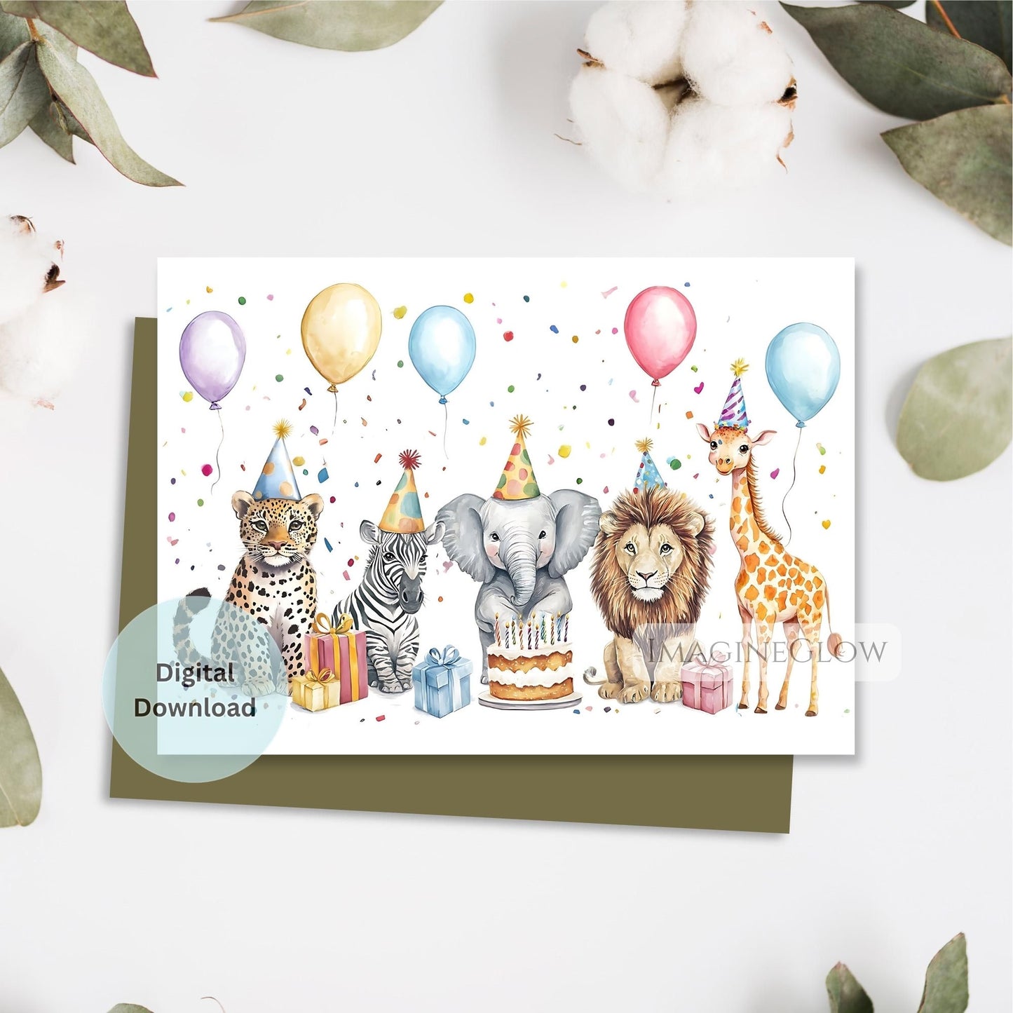 Illustration of animals celebrating a birthday with balloons and a cake on a white background.