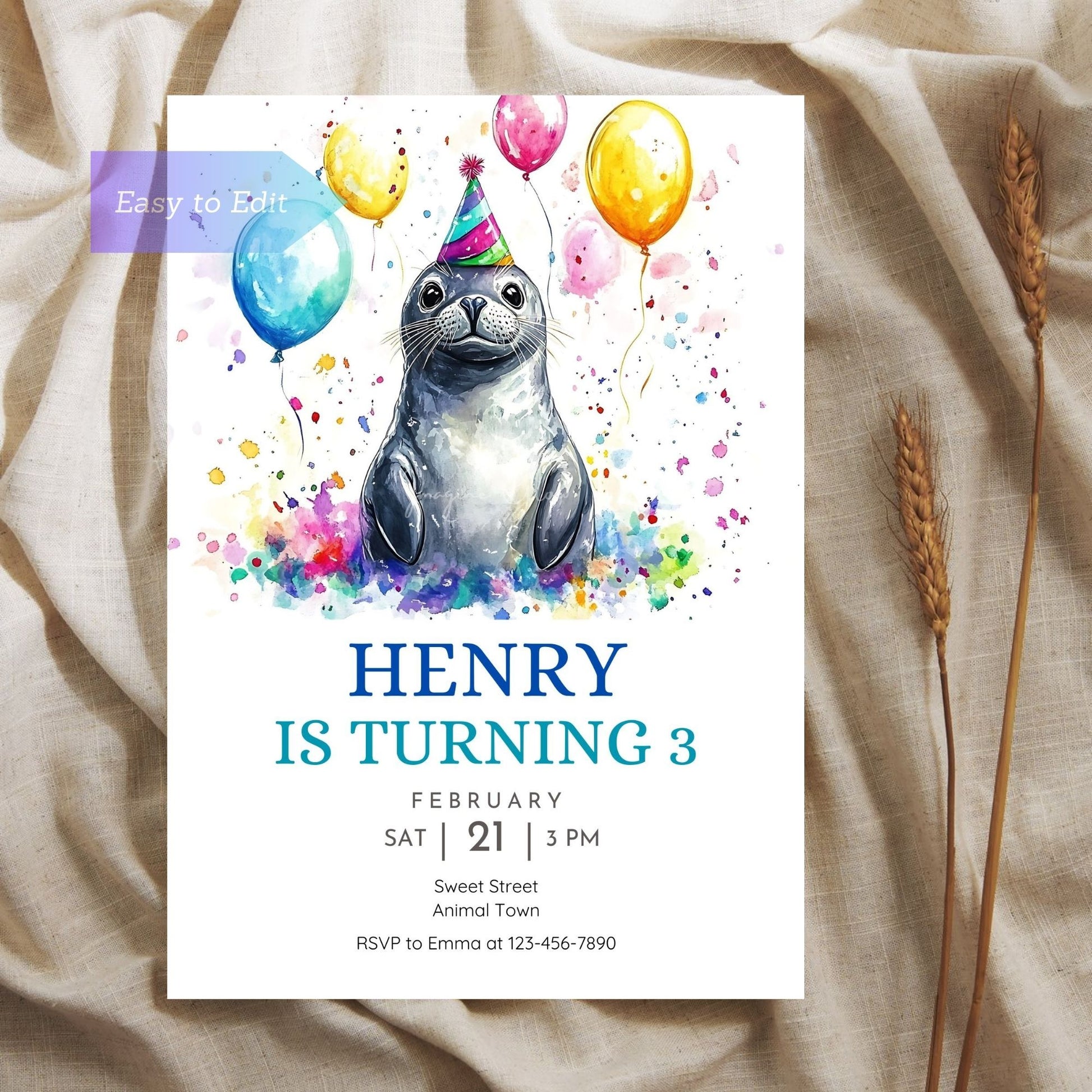 Cute seal birthday invitation for kids with ocean theme.