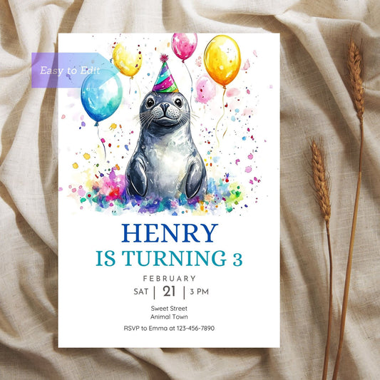 Cute seal birthday invitation for kids with ocean theme.