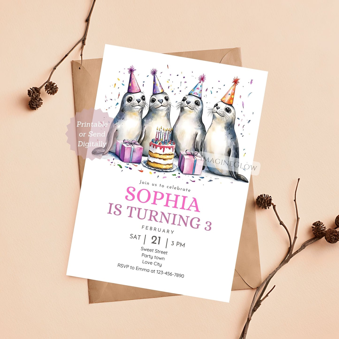 Seal Birthday Invitation - Cute Ocean Animal Party Invite Template