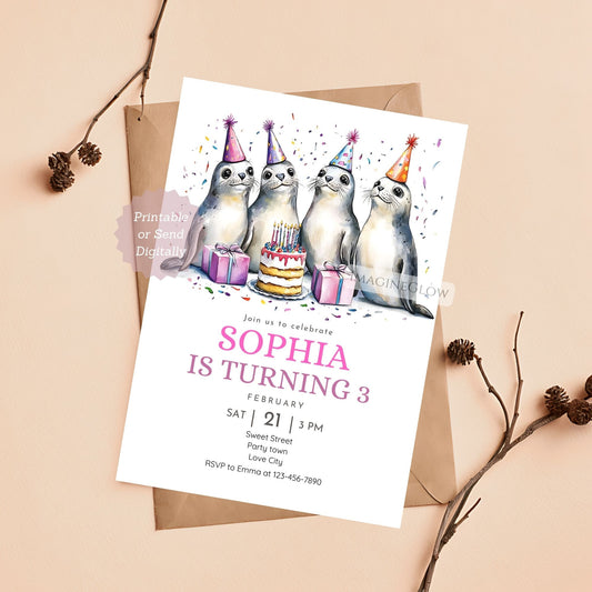 Seal Birthday Invitation - Cute Ocean Animal Party Invite Template