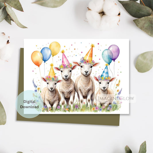 Digital download card with sheep wearing party hats and balloons on a white background.