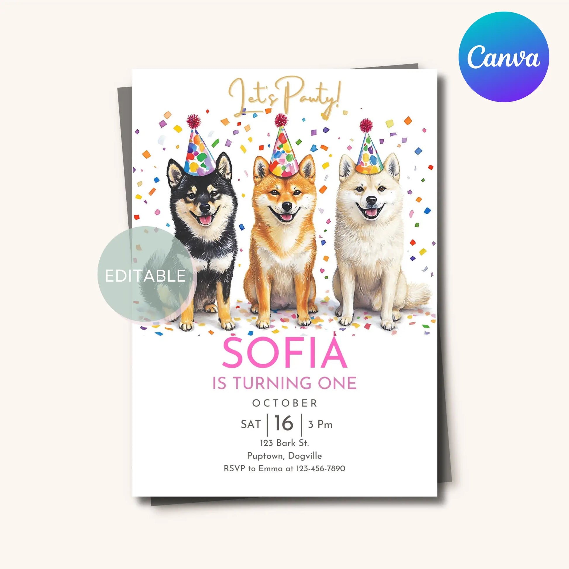 Shiba Inu dog-themed birthday invitation for kids