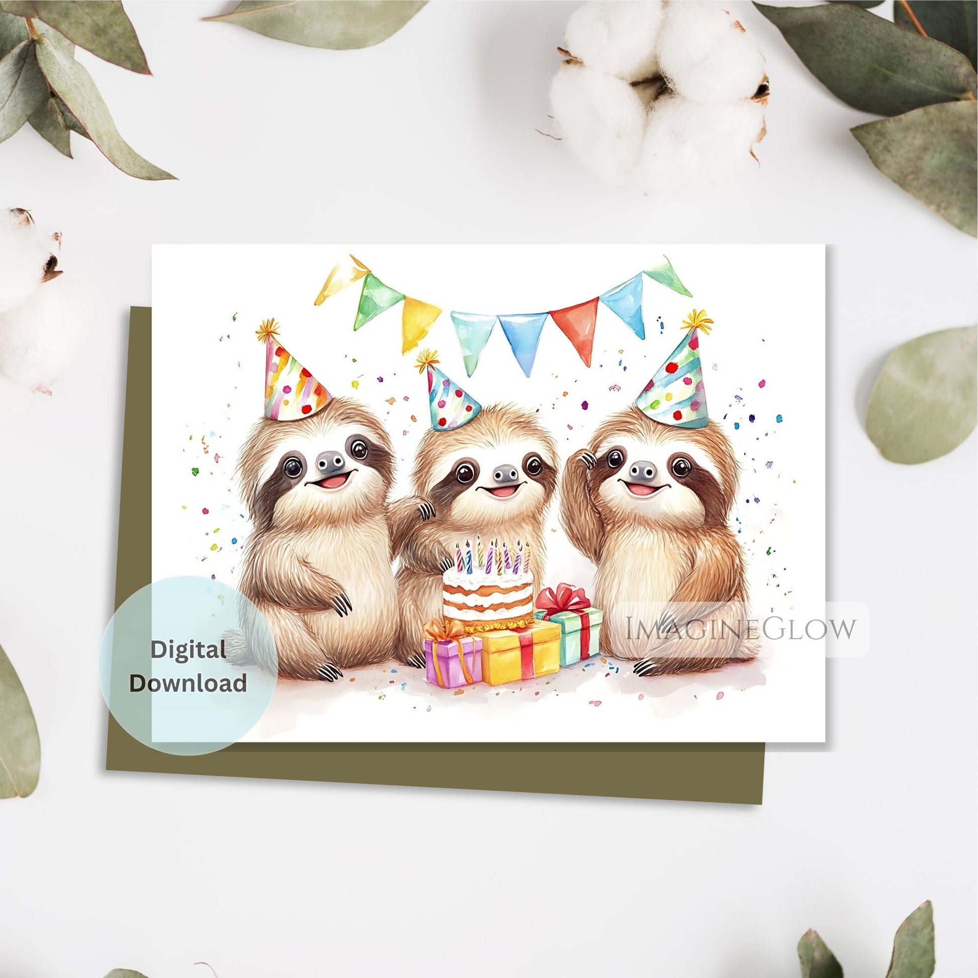 Birthday card with sloths and party decorations on a white background