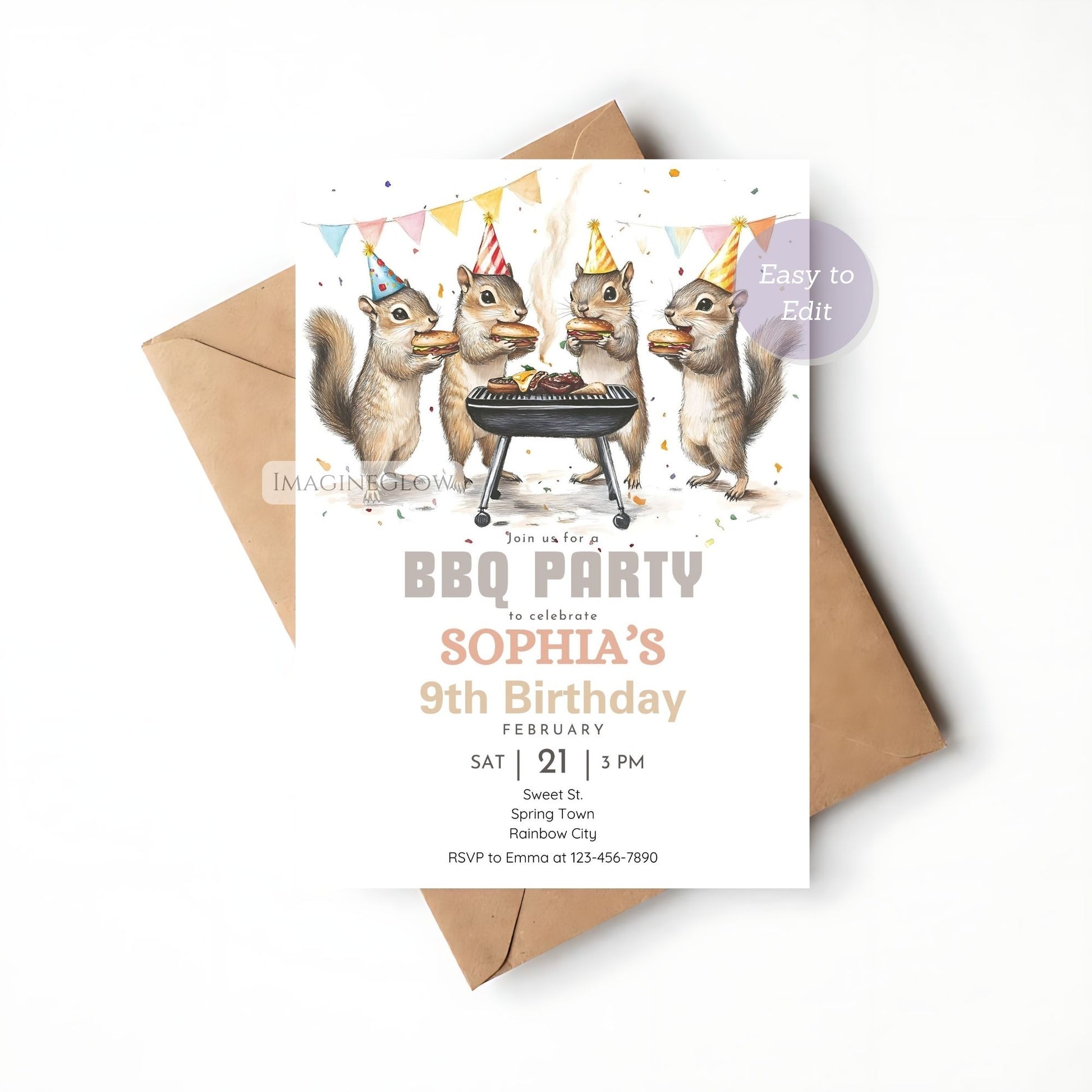 Printable squirrel birthday invitation with a cookout theme.