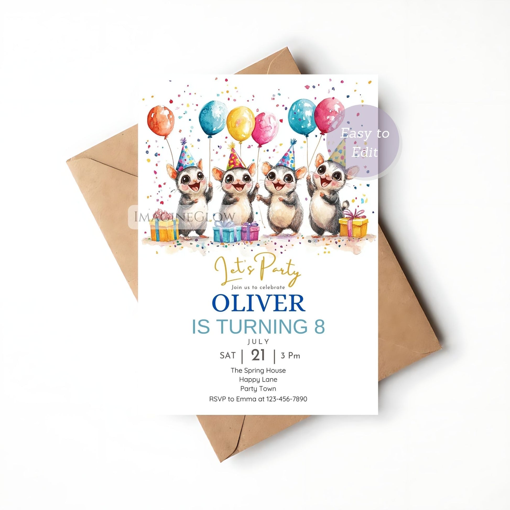 Sugar glider birthday invitation editable in Canva