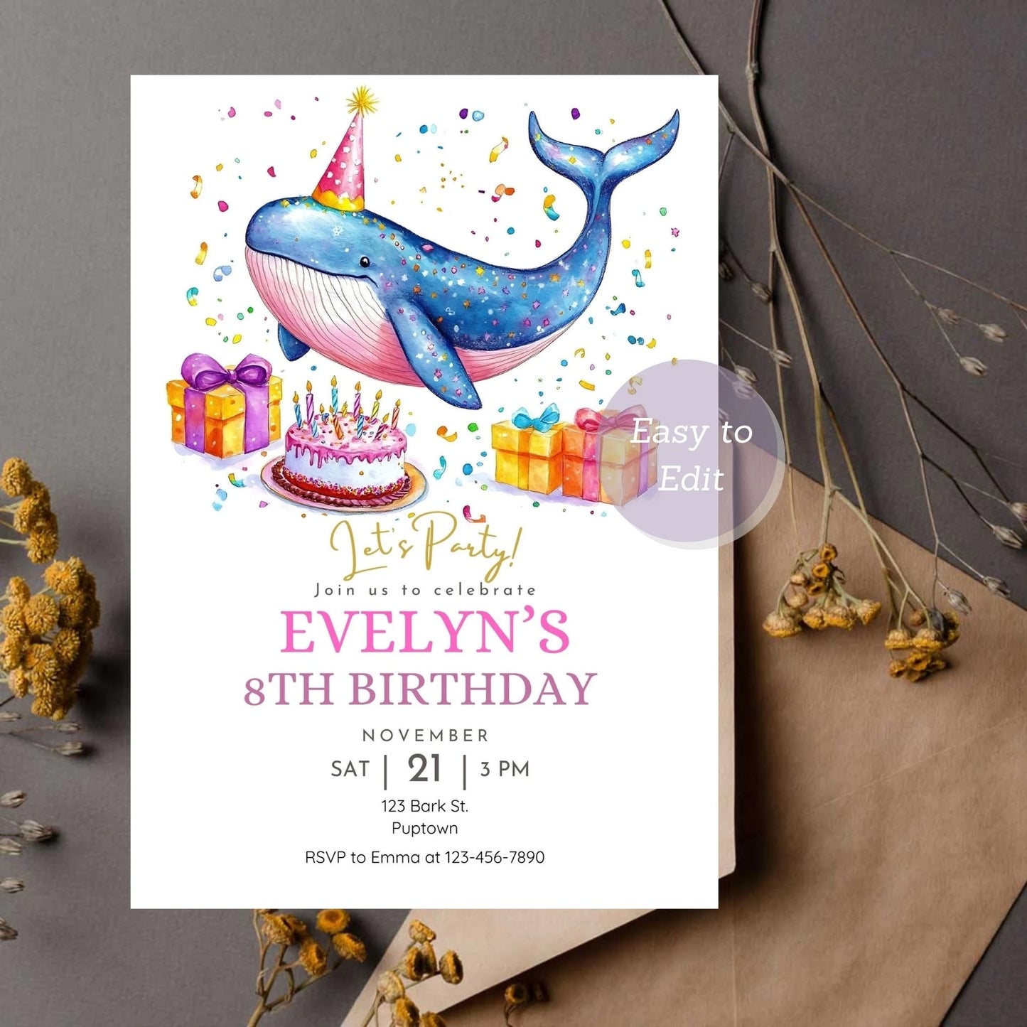 Printable whale party invitation for kids.
Kids whale birthday card with ocean