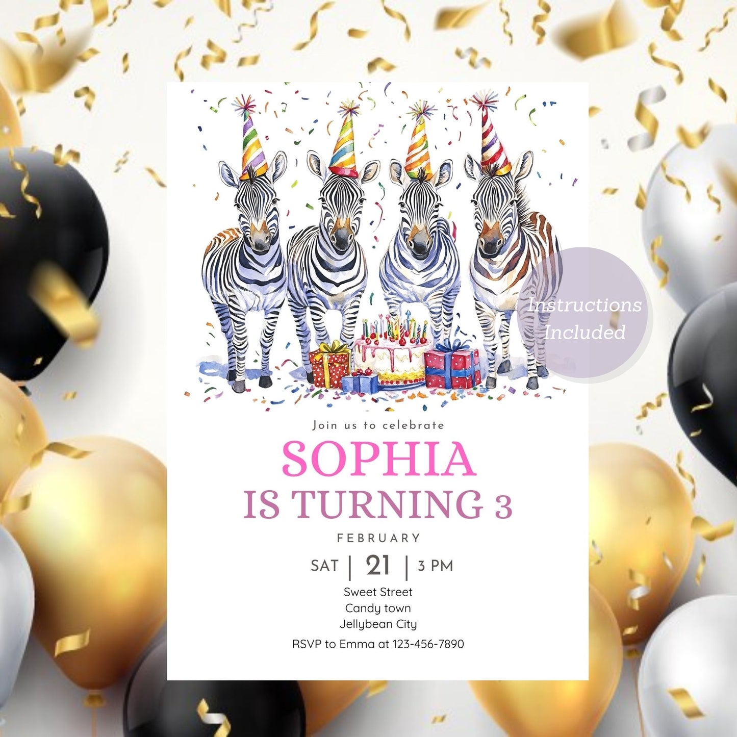 Zebra birthday invitation with jungle safari theme for kids’ party.