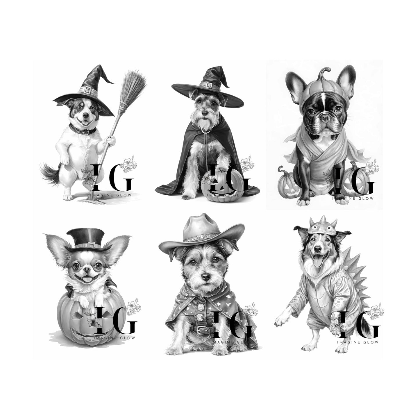 spooky and cute dog costume designs, perfect for Halloween coloring.