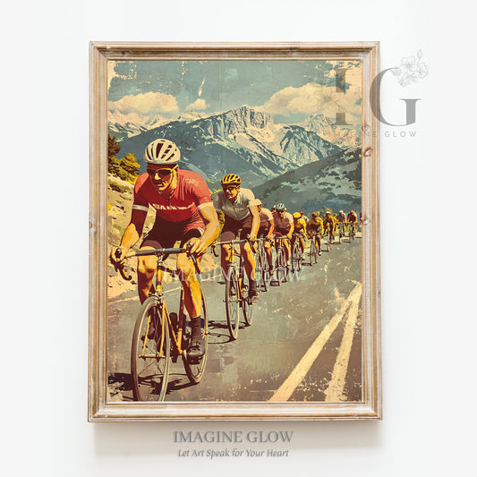 Cyclists racing competition print with retro steel bikes and old-school jerseys.
Vintage cycling print of racers on a mountain road, showcasing rugged landscape.