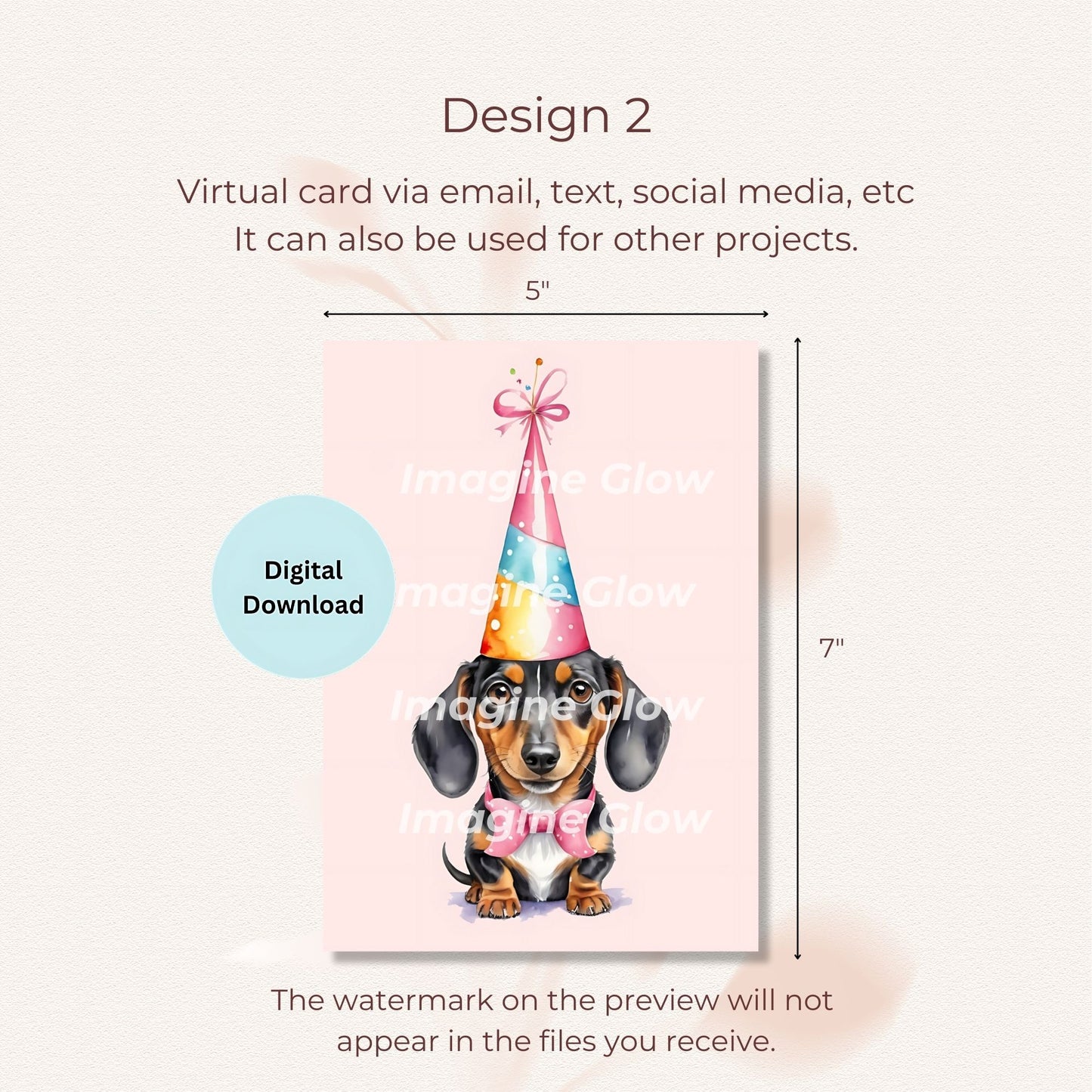 Cute pink dachshund birthday card digital download for dog lovers.