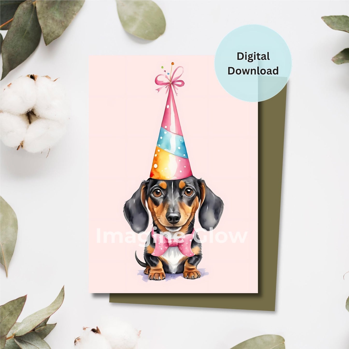 Printable pink dachshund greeting card for birthdays.