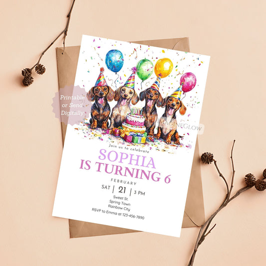 Cute Dachshund dog birthday invitation for puppy lovers