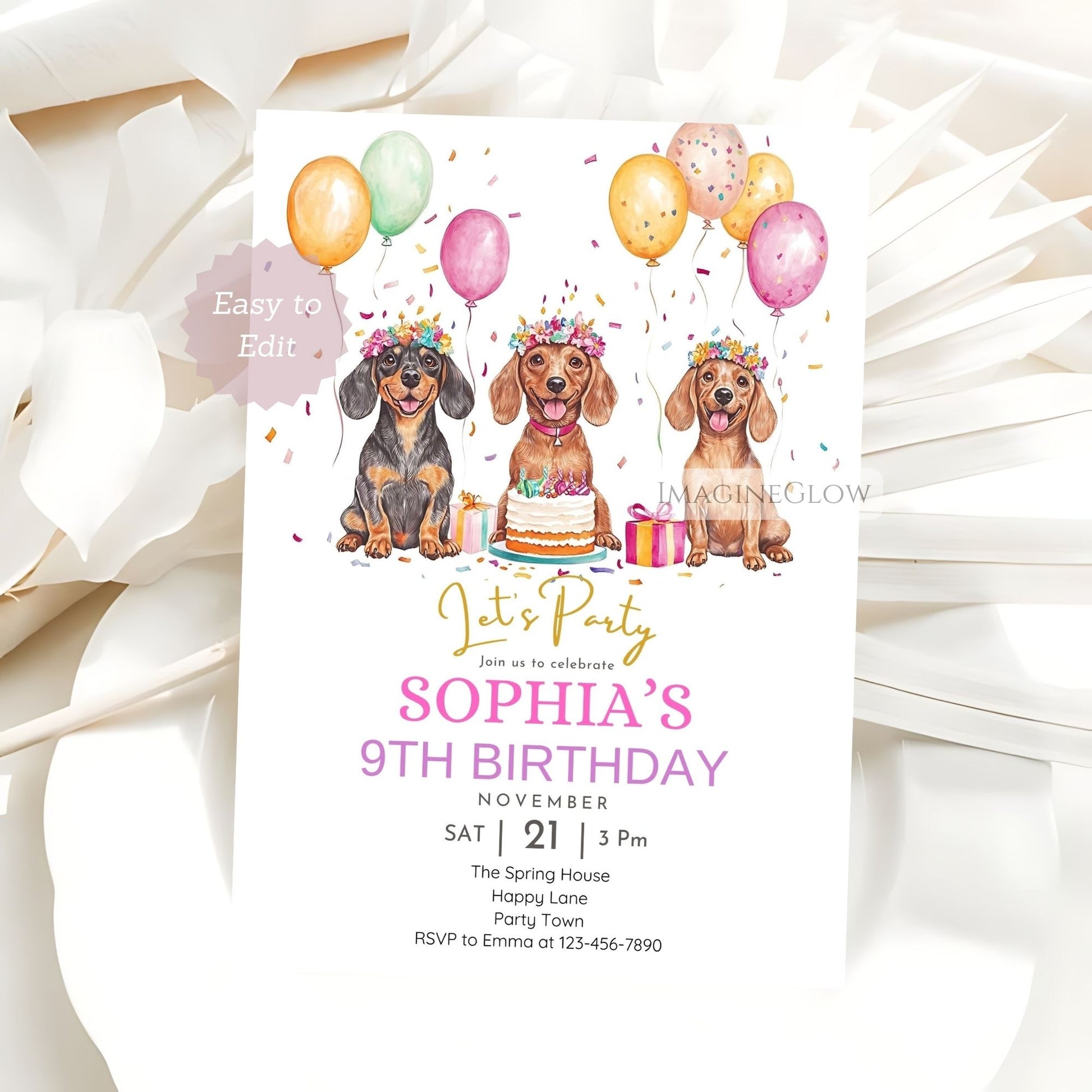 Adorable dachshund and flowers birthday party invitation editable