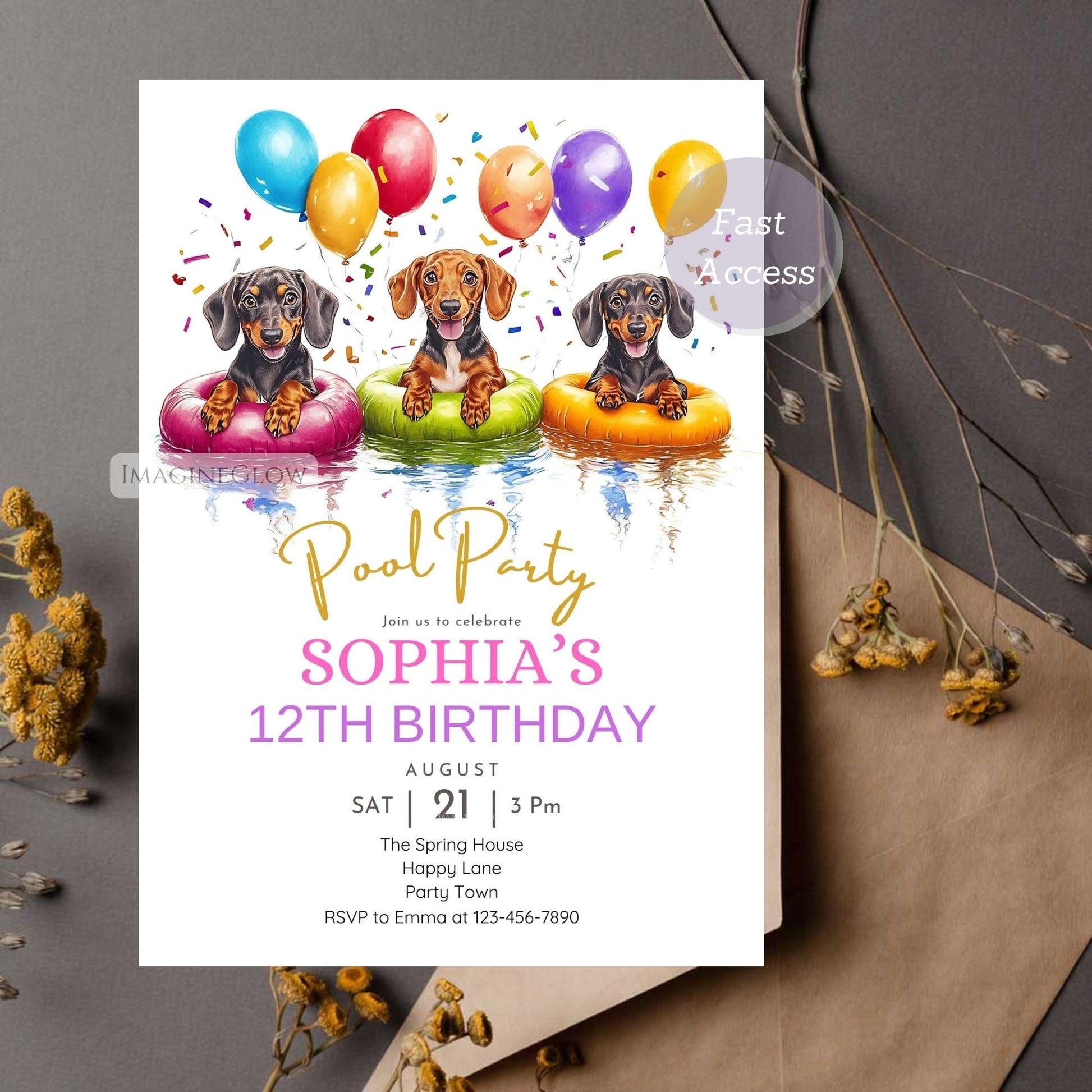 Customizable Dachshund birthday invite for swim celebrations.