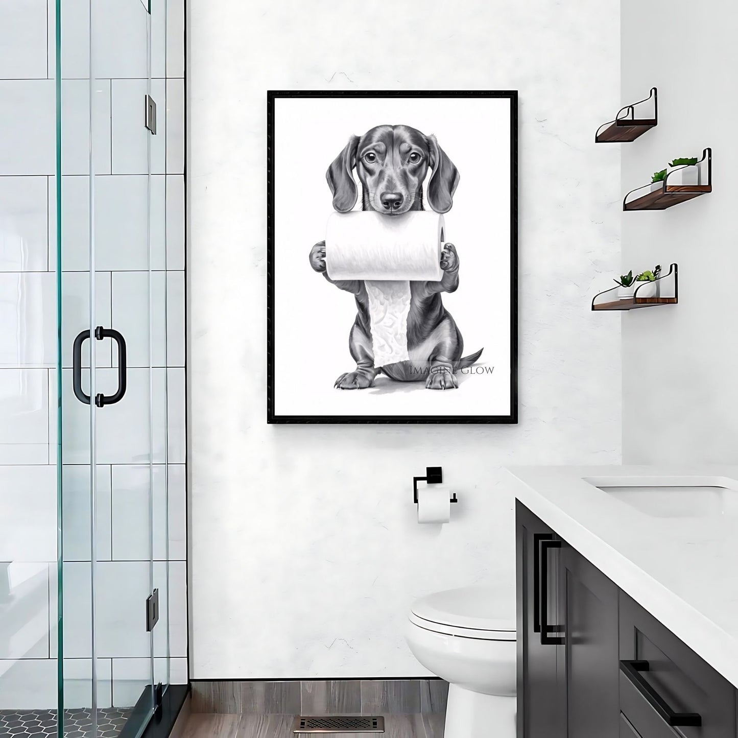 Humorous dog holding toilet paper print for restroom decor.