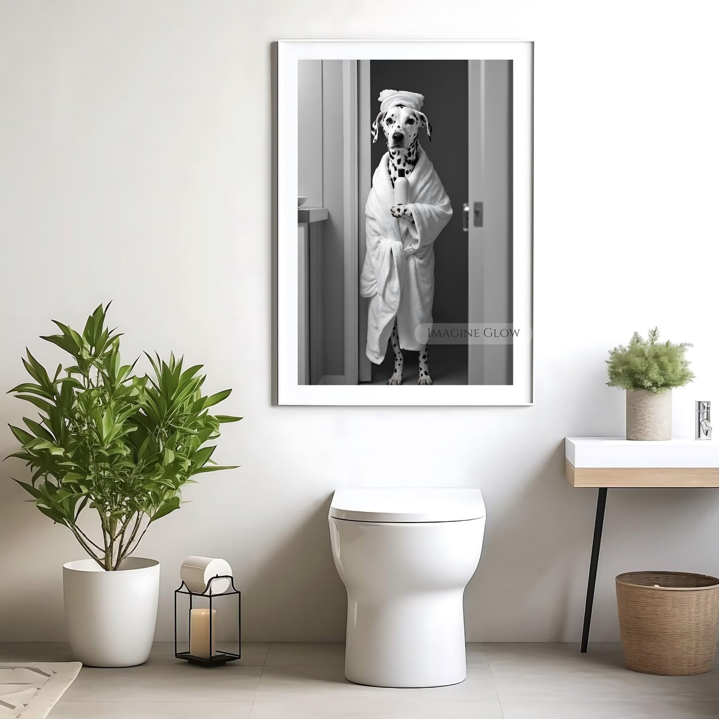 Dalmatian bathroom decor featuring a dog in a robe