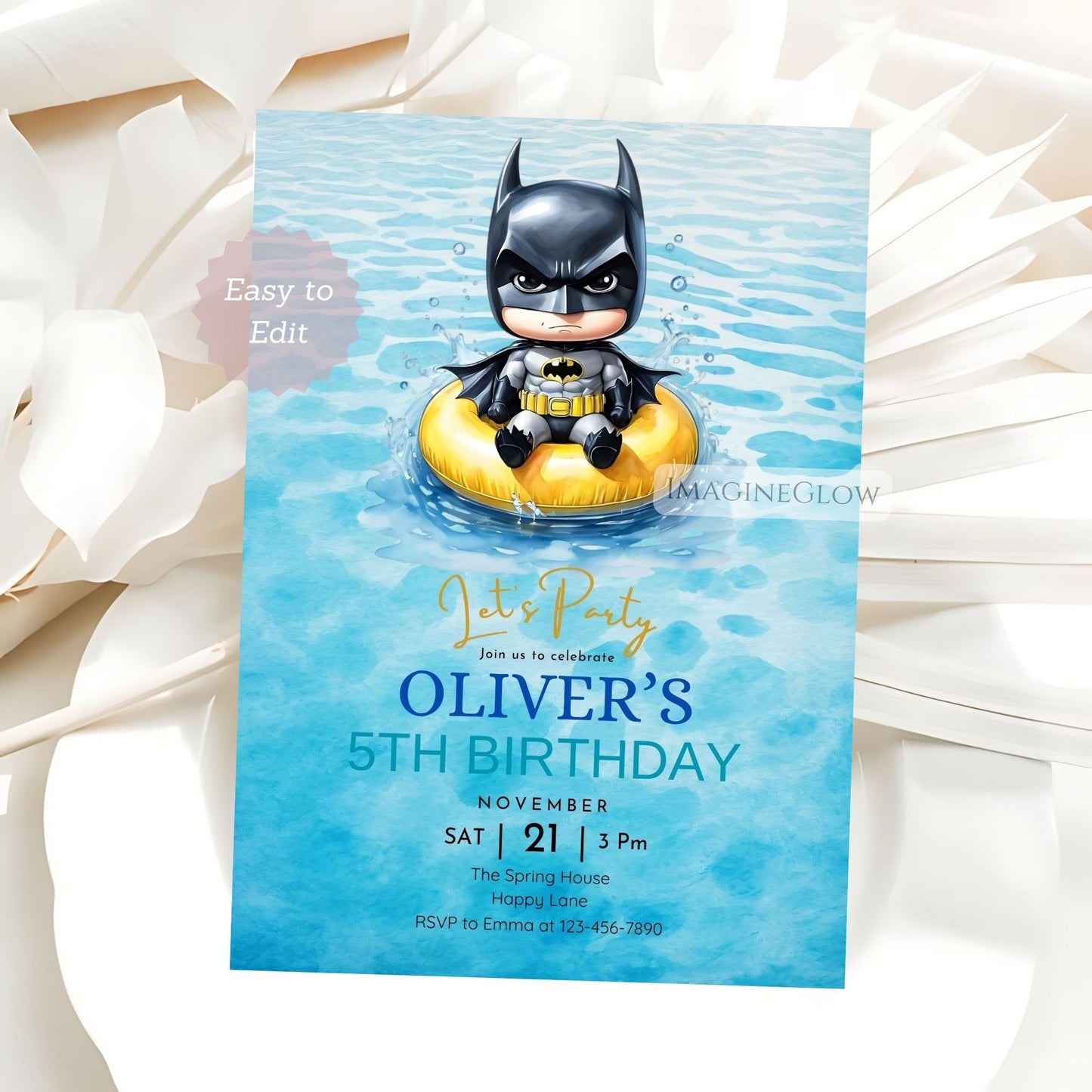 batman pool party invitation
dc superhero swim birthday invite