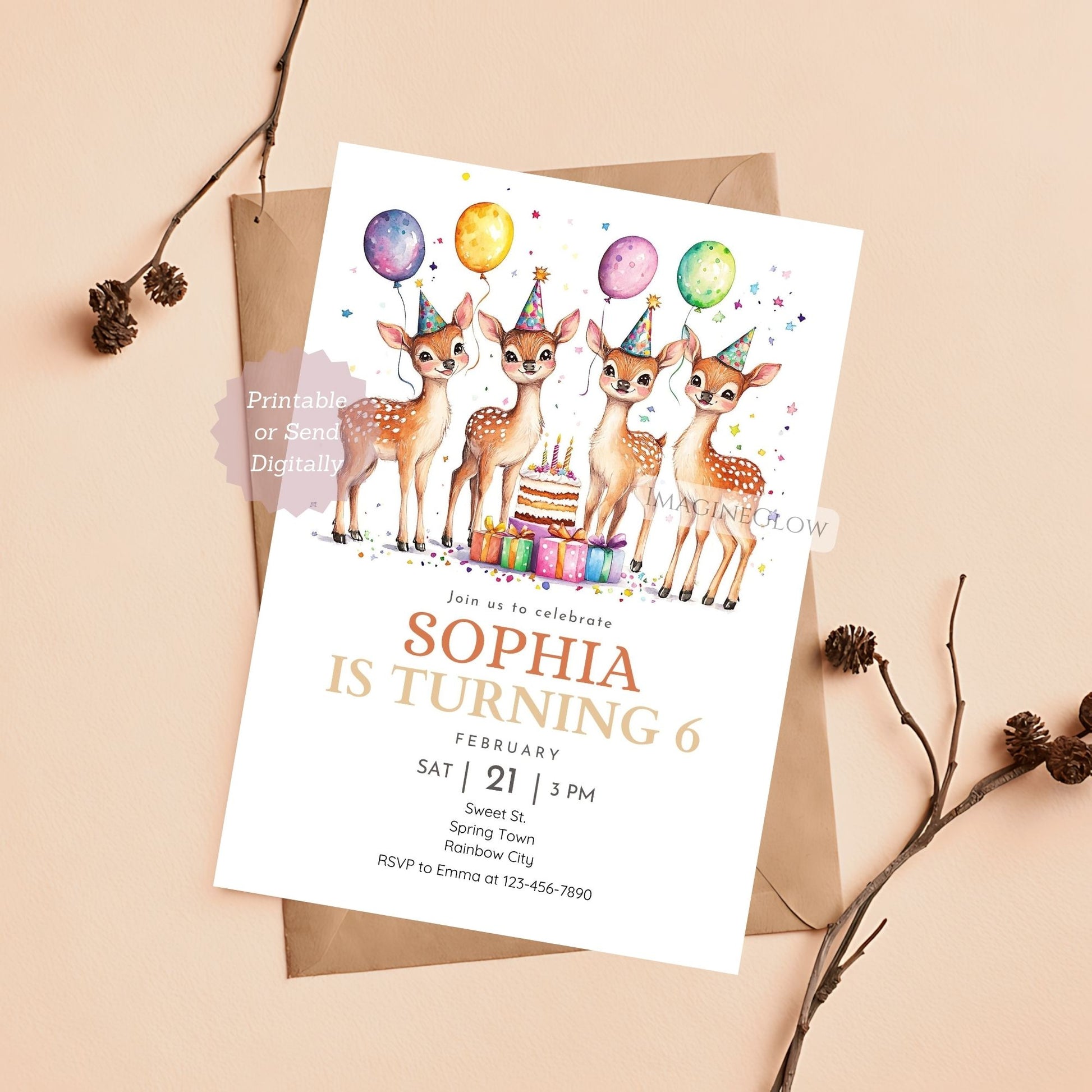 Deer Birthday Invitation digital download
