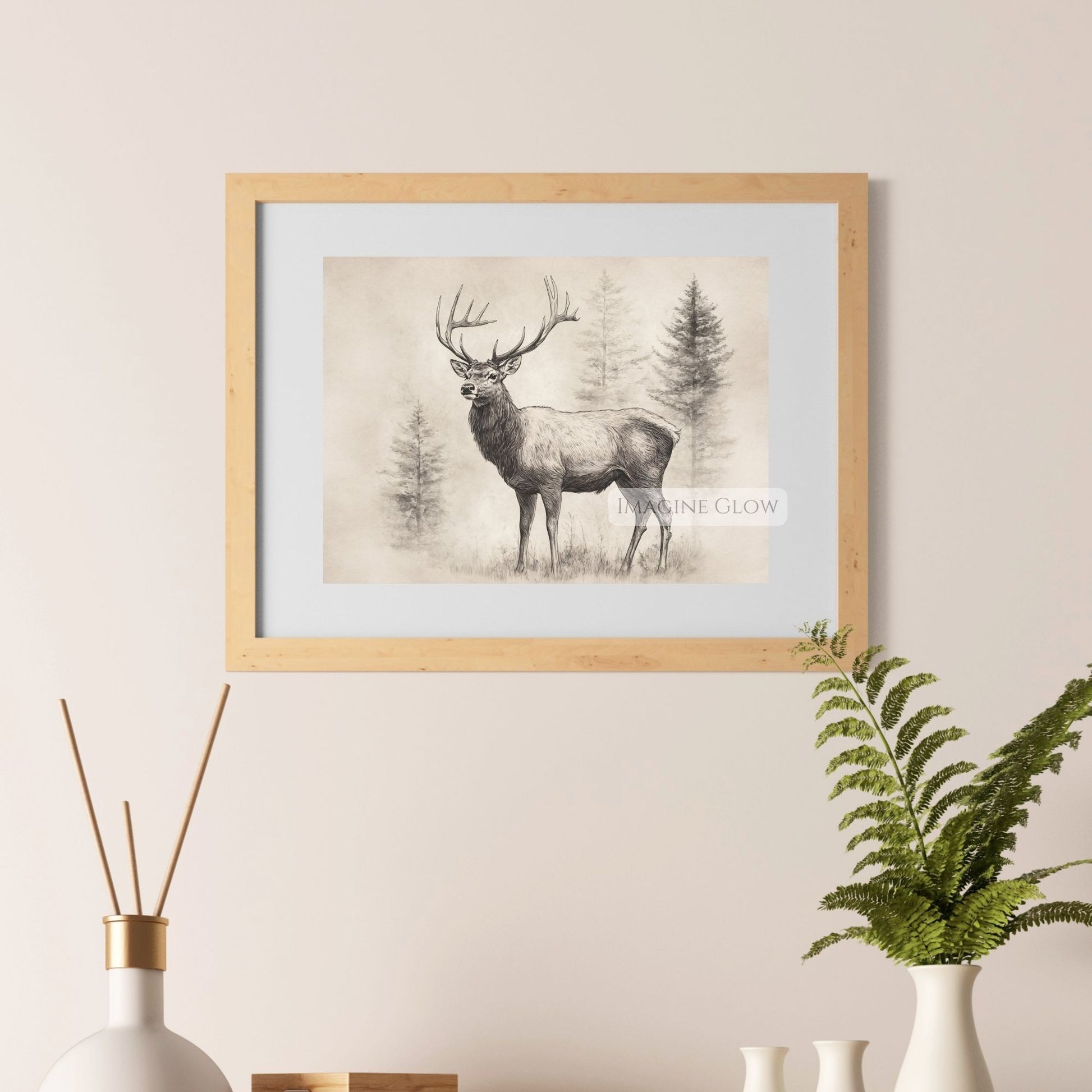 Wildlife artwork of a majestic deer stag in vintage style.