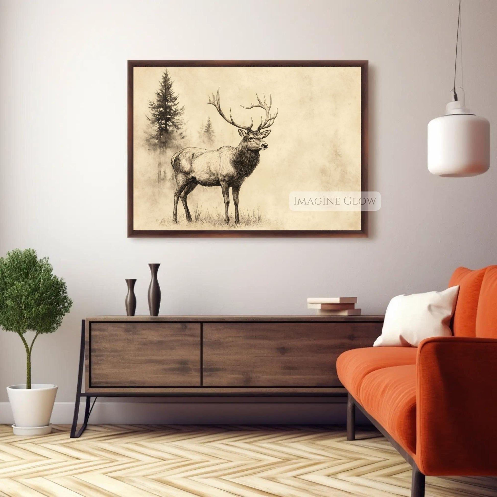 Fine line wildlife stag illustration for vintage decor.