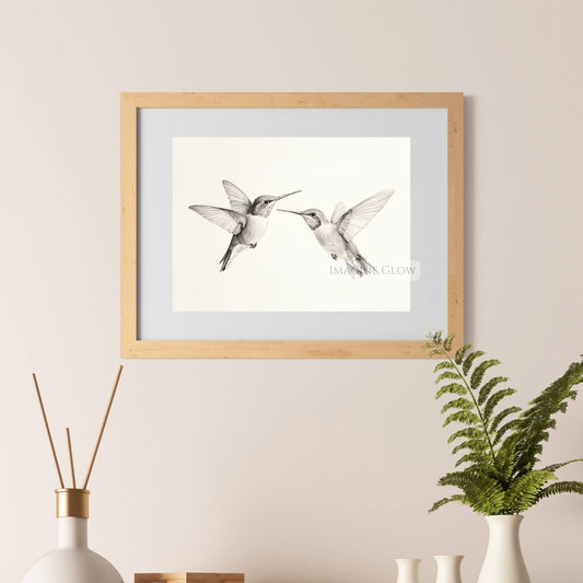 Hand-drawn sketch of two hummingbirds perched together.