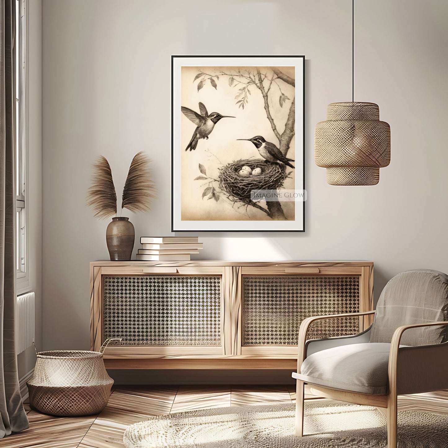 Botanical print featuring hummingbirds and nest
