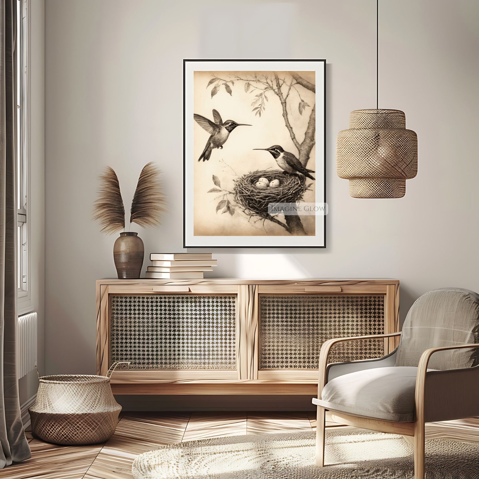 Botanical print featuring hummingbirds and nest