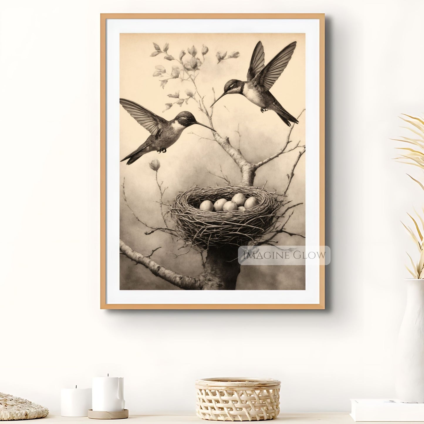 Elegant nature print of two hummingbirds nesting