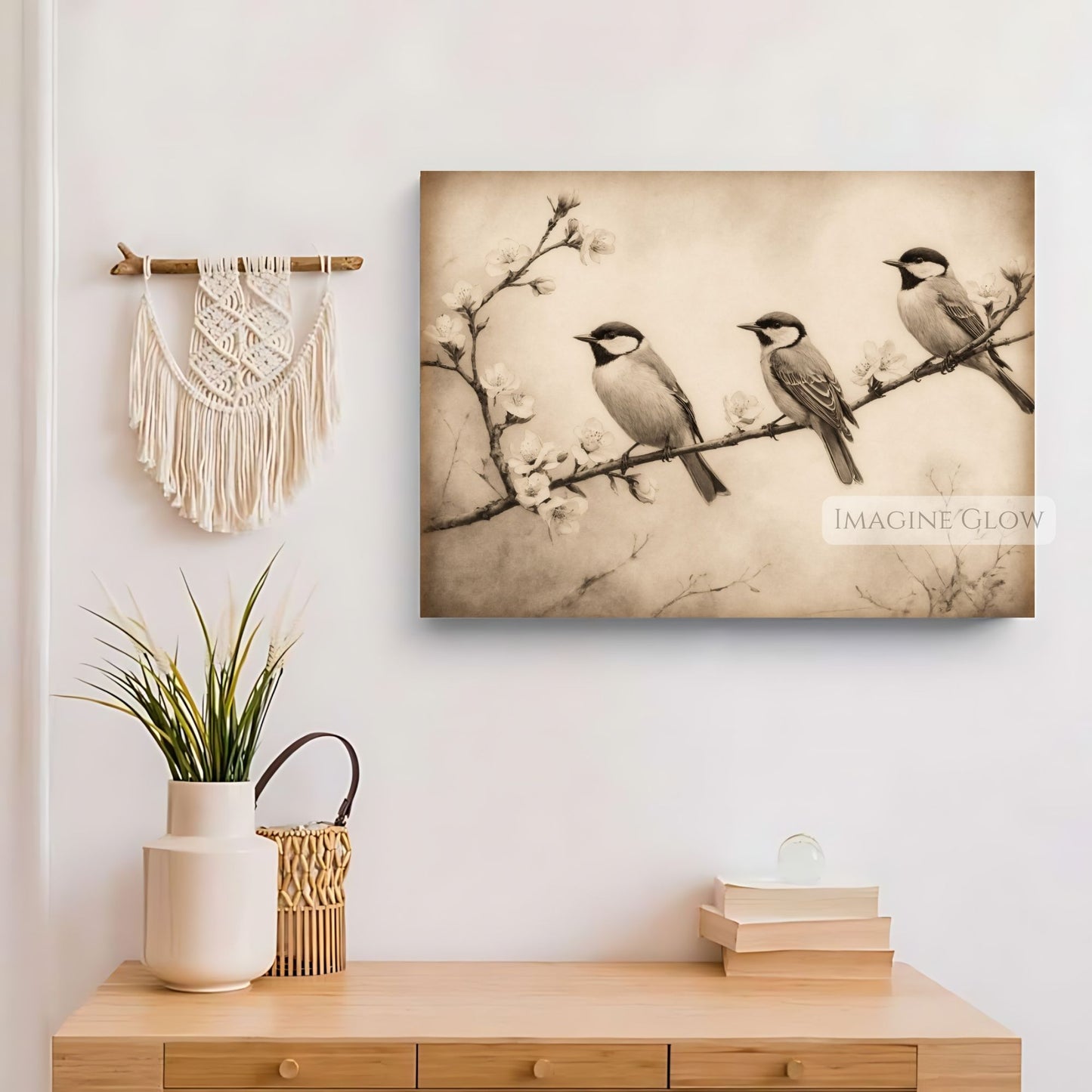 High-resolution three birds on a branch artwork