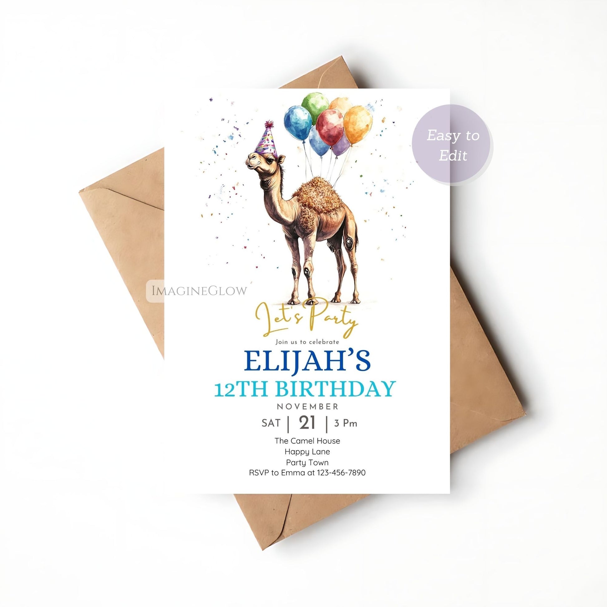 Printable camel-themed birthday card for kids