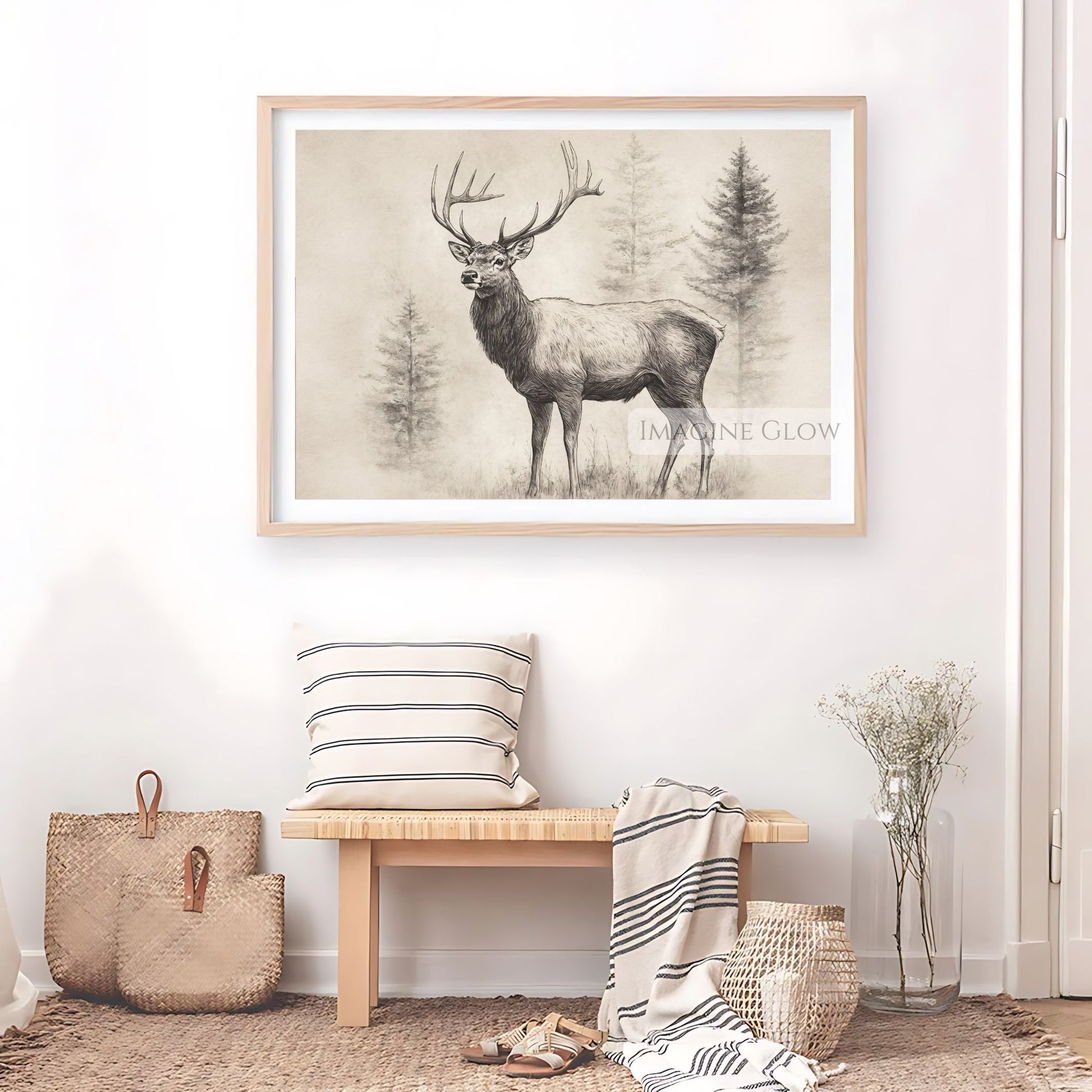 Rustic stag illustration for forest-themed interiors.