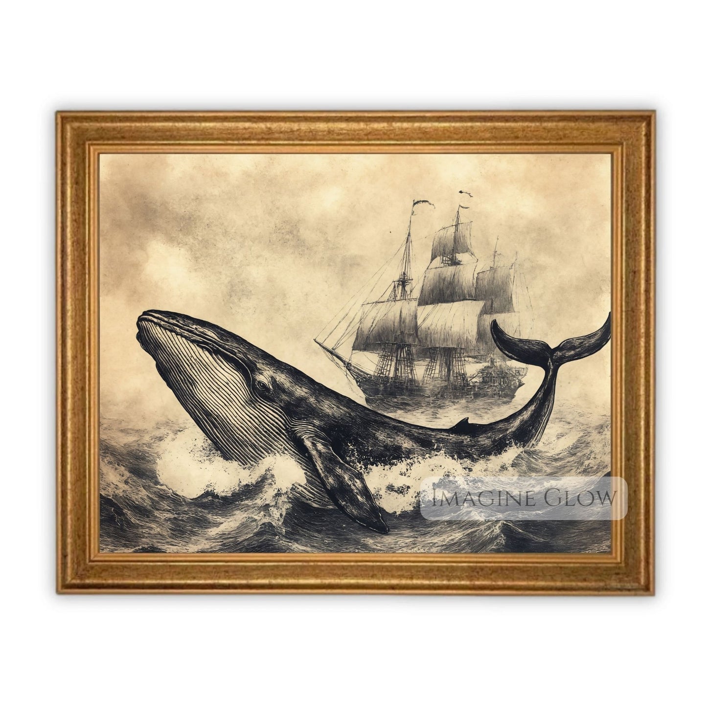 Hand-drawn maritime whale and ship illustration.