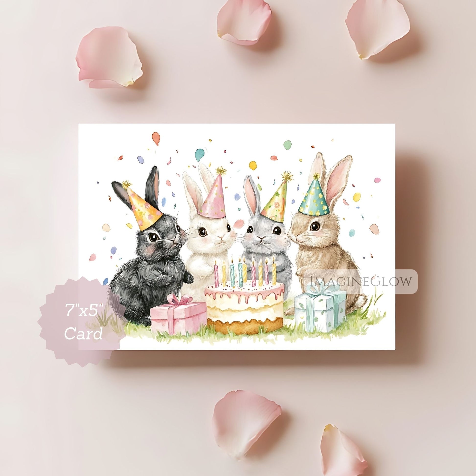 Illustration of four rabbits celebrating a birthday with a cake and presents on a card.