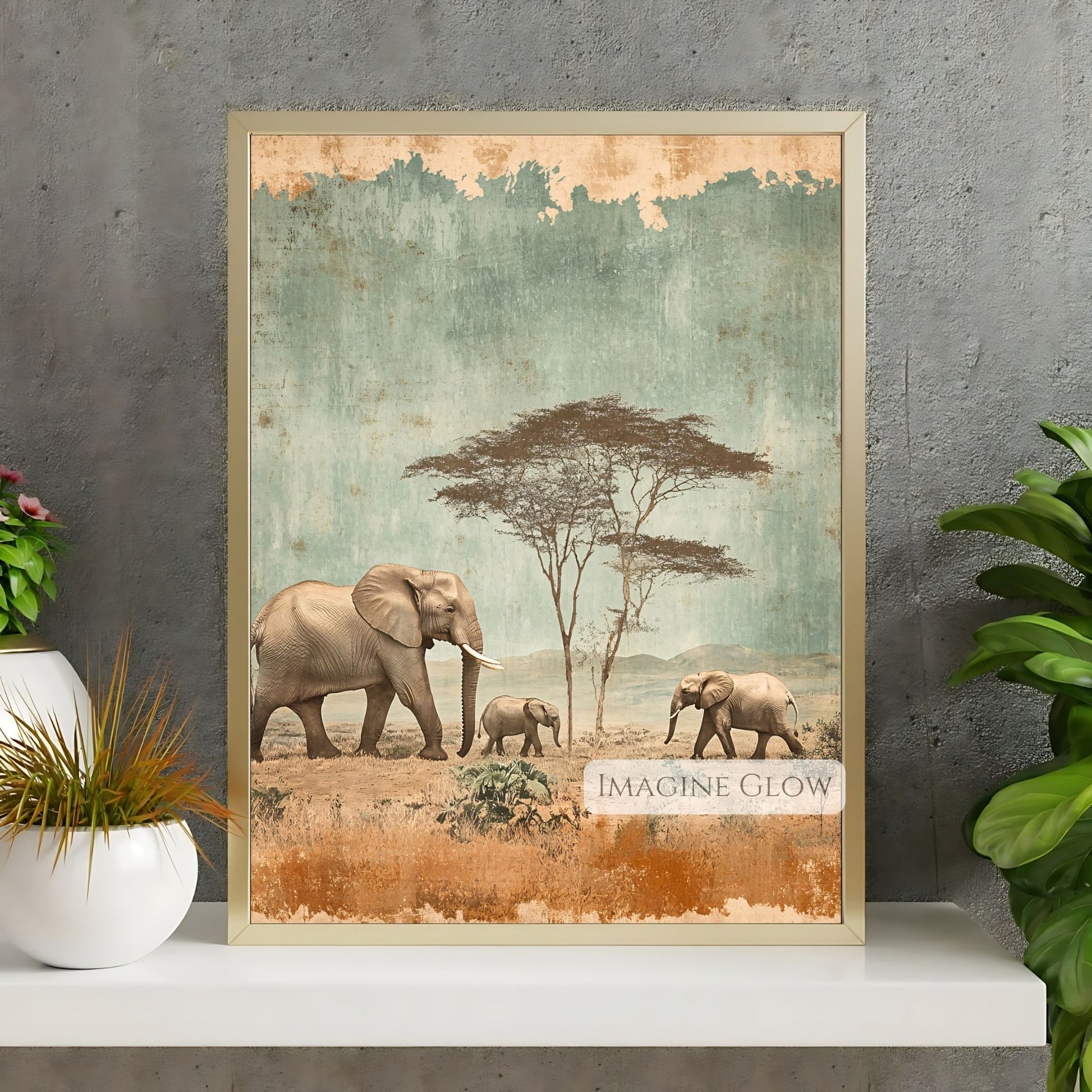 Safari-themed decor featuring elephants in the savanna.