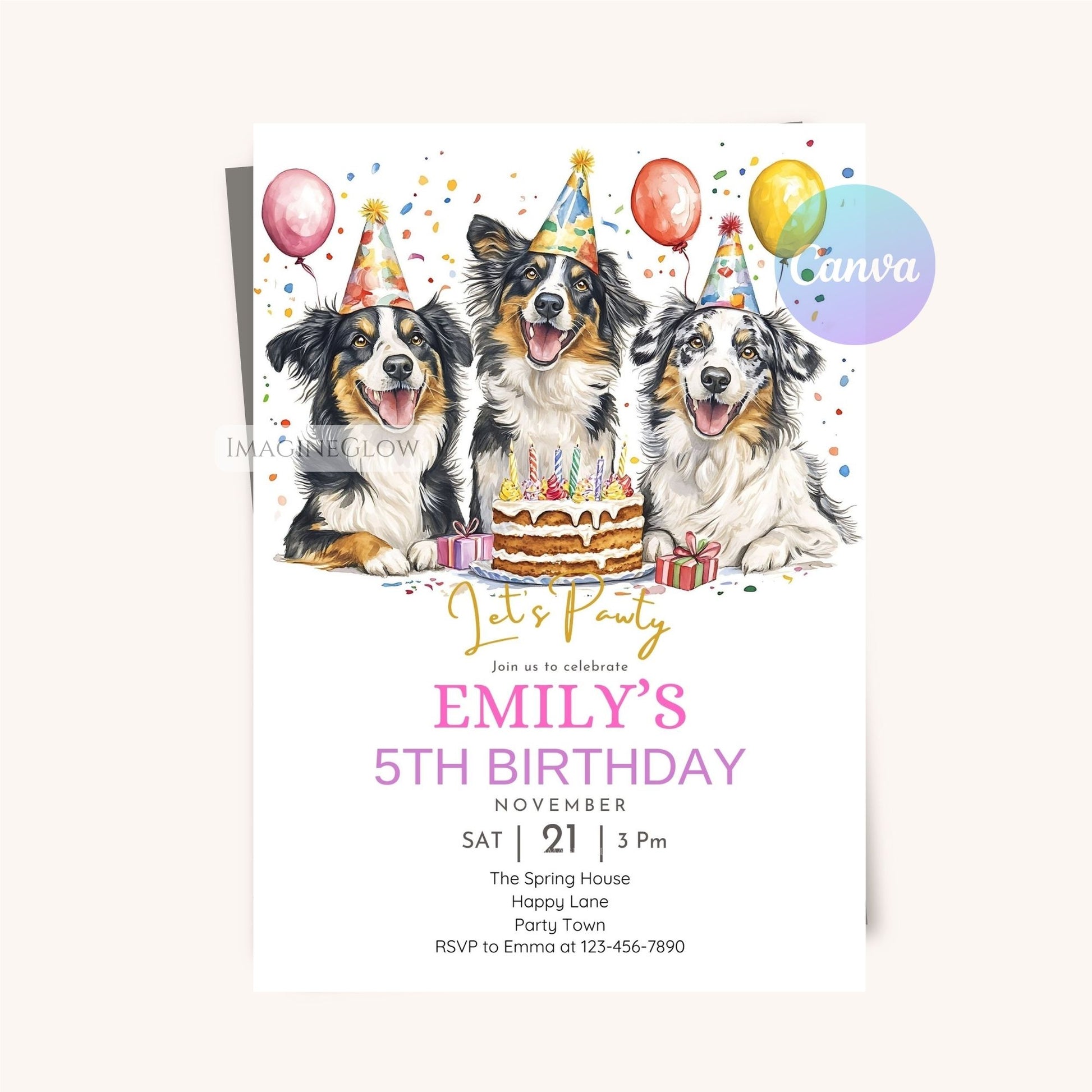 Colorful Australian Shepherd birthday party digital invitation