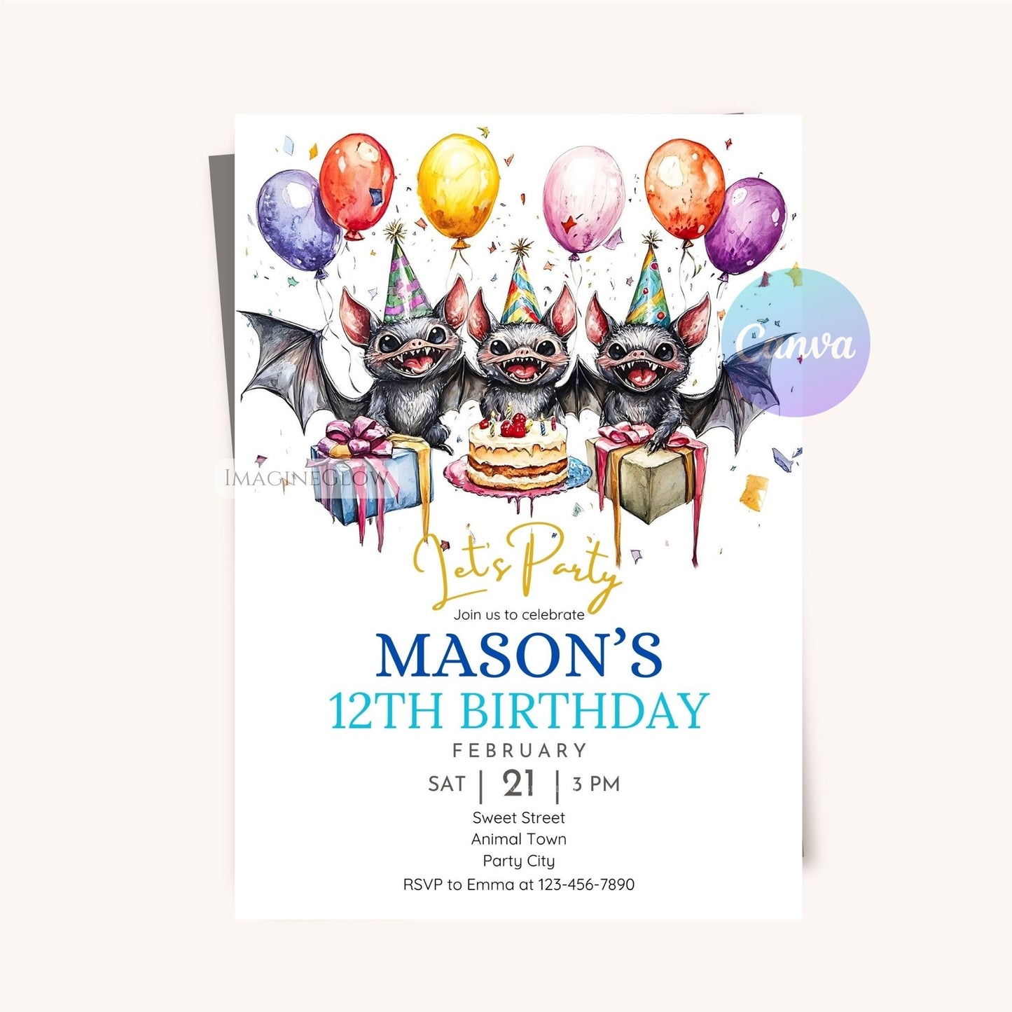 Printable bat birthday card for kids or adults
Fun Halloween bat party invitation